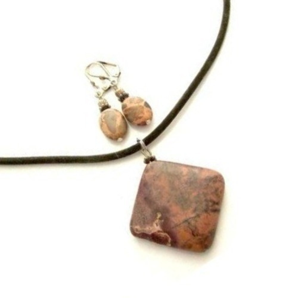 Artisan Made Chakra Healing Brown Jasper Pendant Necklace & Earrings Set